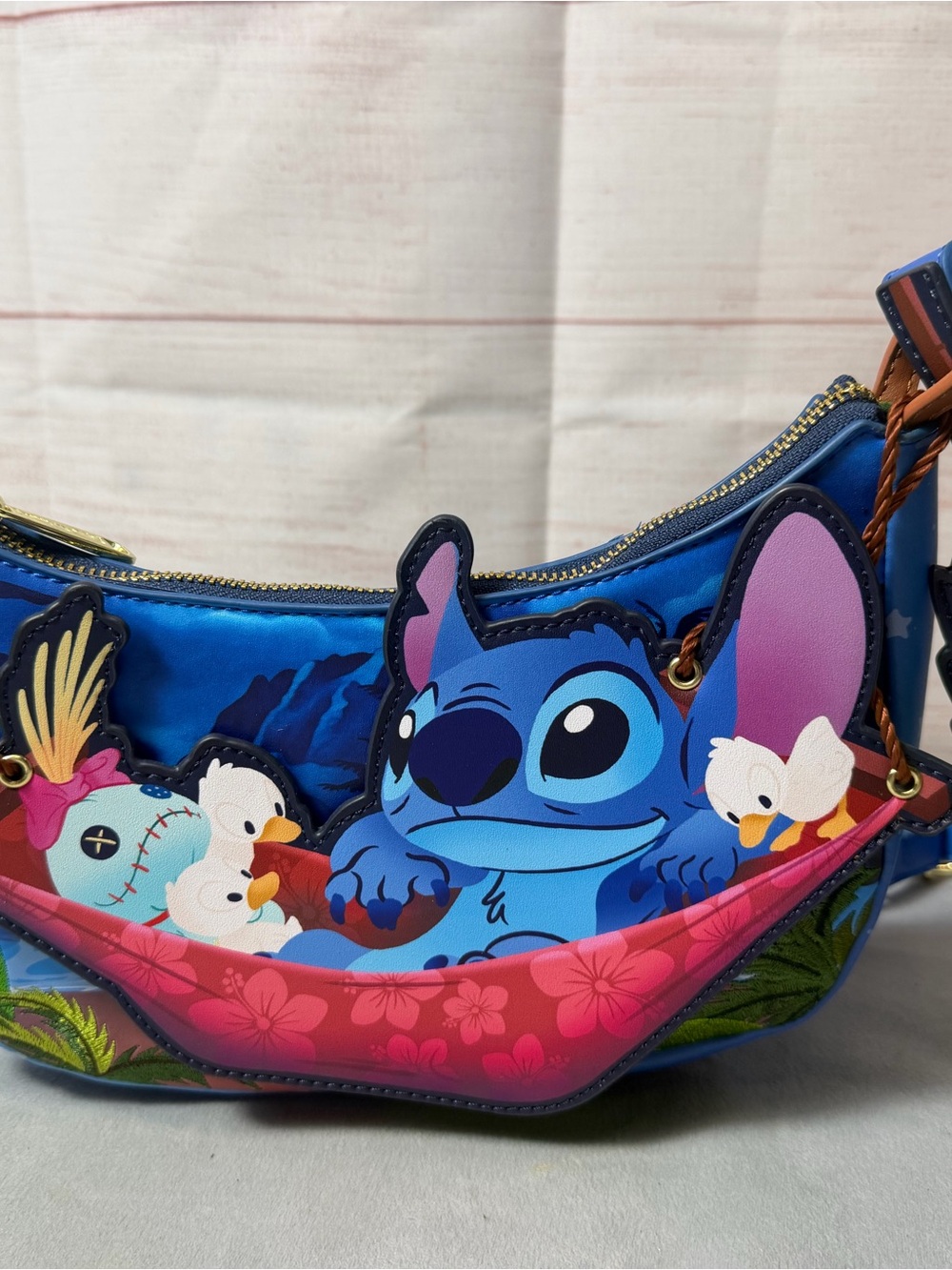 Loungefly Blue Stitch and Friends Shoulder Bag with Pink Accents